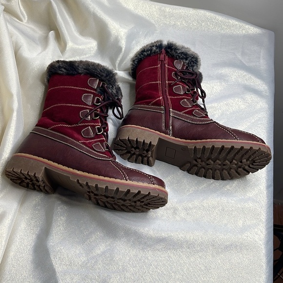 Burgundy Red Lace Up Zip Winter Boots Faux Fur Leather Suede 9 - Picture 5 of 8